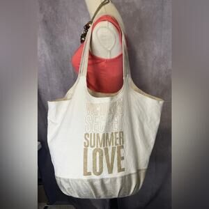 Victorias Secret Sparkle Glitter Summer Love CanvasTote Bag Weekender Gold Cream